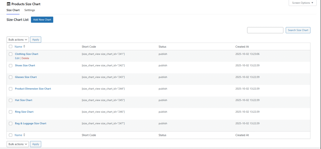 Size Chart Template Lists