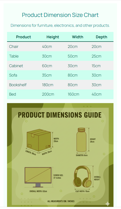 Product Dimension Size Chart