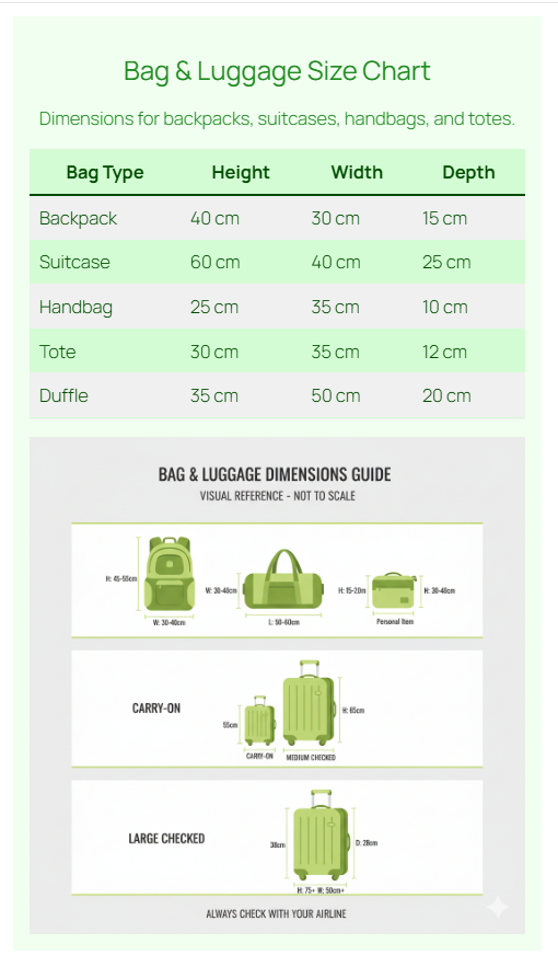 Bag & Luggage Size Chart