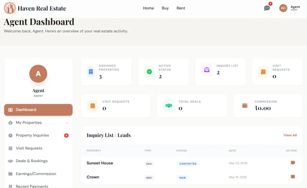 Haven real estate agent dashboard showing leads and commissions