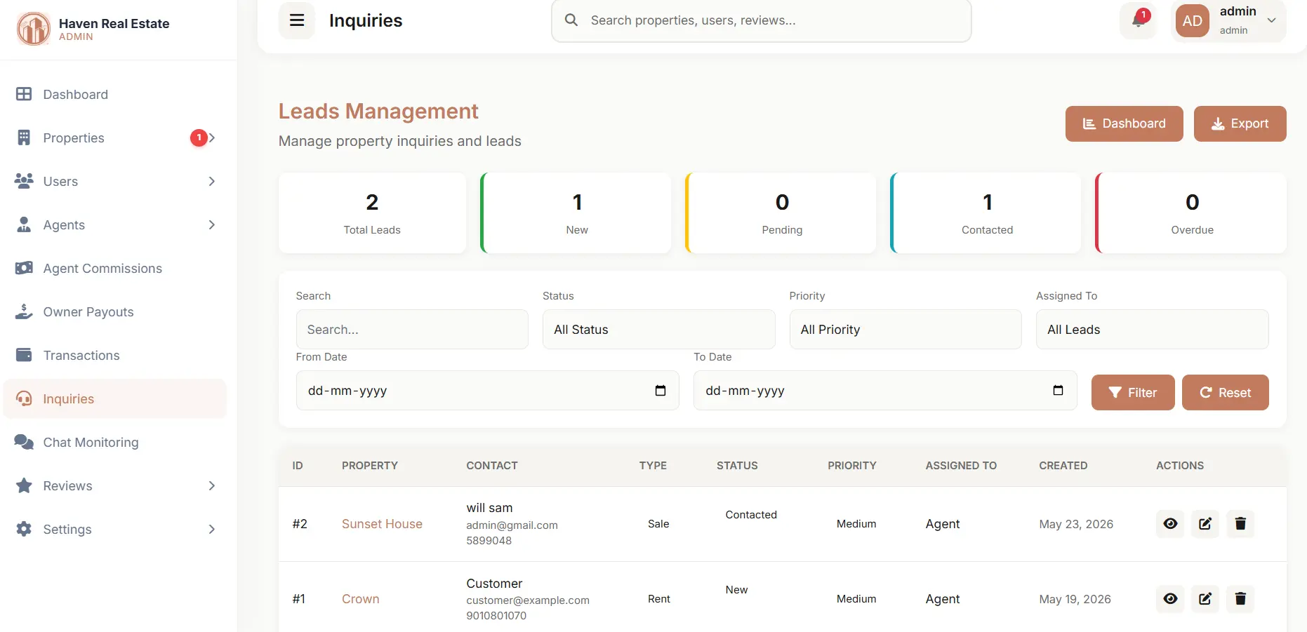 haven real estate admin inquiry dashboard - CodersGrow