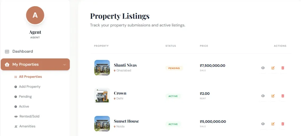 Property listing management panel for real estate agents