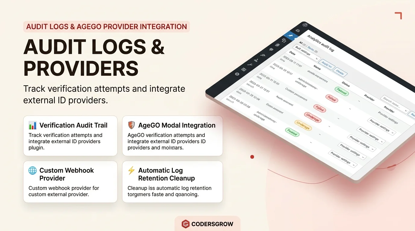 Verification audit trail analytics dashboard with status tracking and AgeGO external provider settings