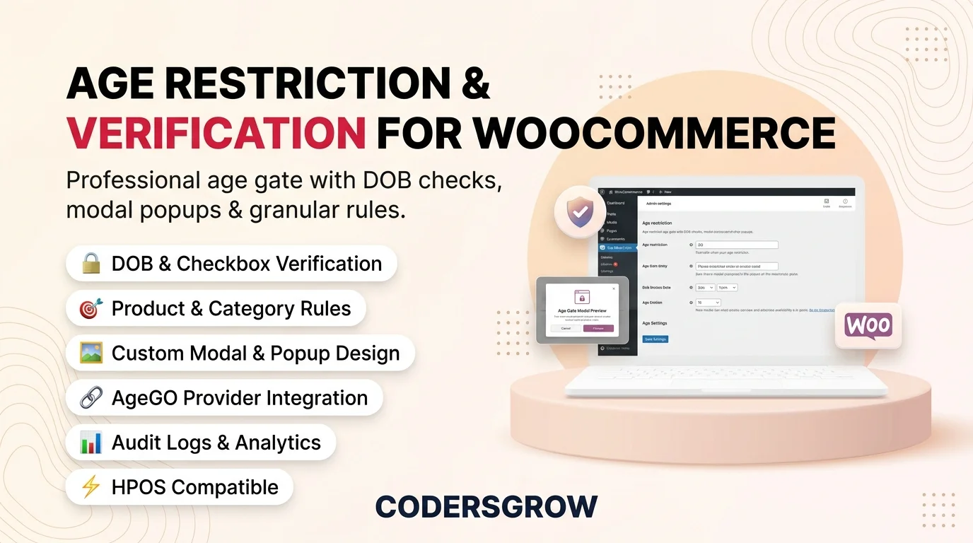 woocommerce age restriction plugin hero banner showing admin settings and verification modal