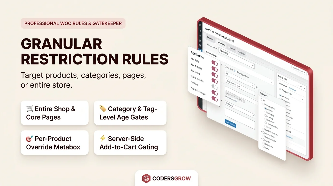 Granular age restriction rules engine targeting shop, products, categories, tags, and cart gatekeeper