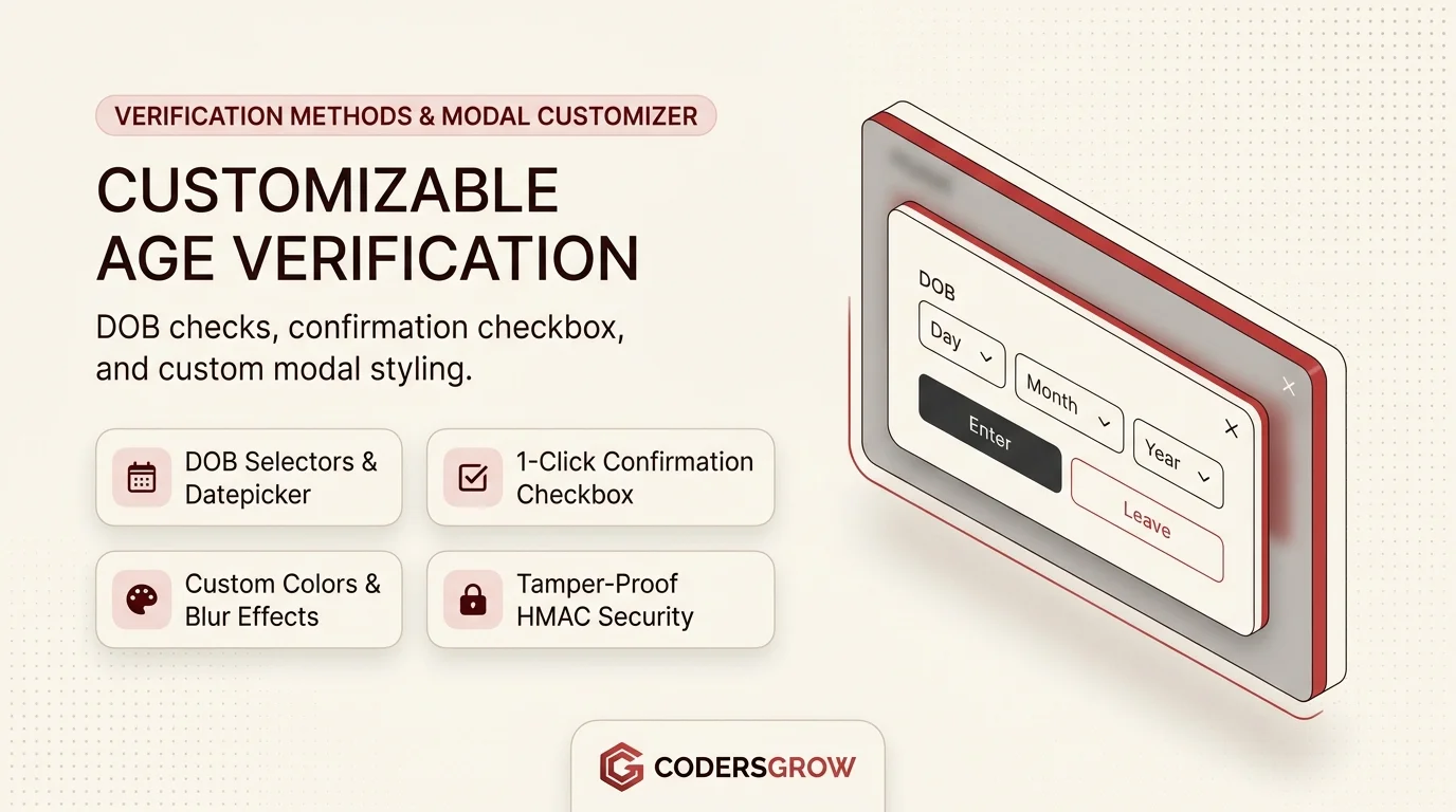 Customizable age verification popup modal interface with date of birth dropdowns and checkbox for WooCommerce