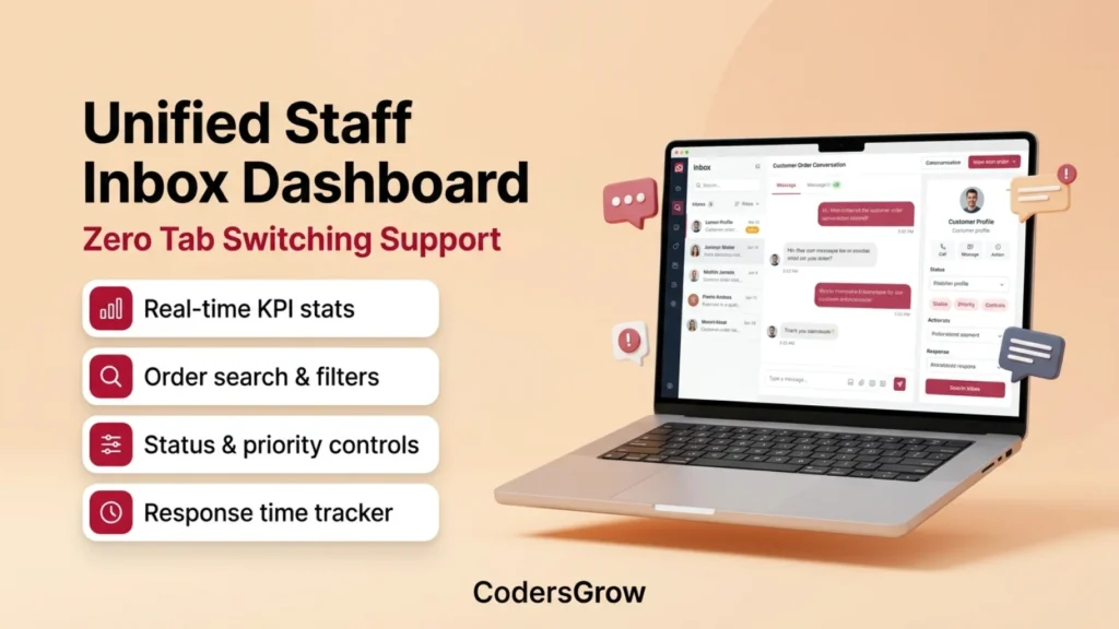 OrderConvo unified staff inbox dashboard showing conversation list, search, and KPI analytics