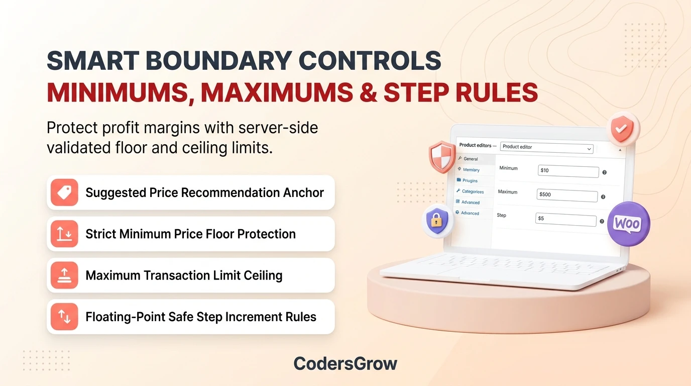 WooCommerce name your price smart boundaries with suggested price, minimum floor, maximum ceiling, and price stepping