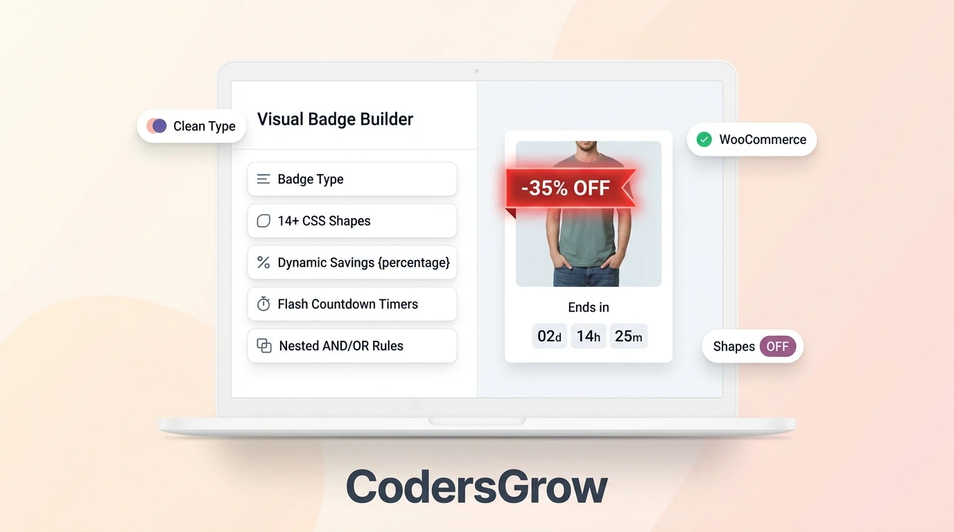WooCommerce product badges visual live builder interface with real-time preview and 14 pure CSS shapes