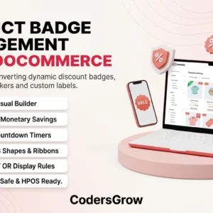 WooCommerce product badges plugin preview banner showing live visual builder and dynamic discounts