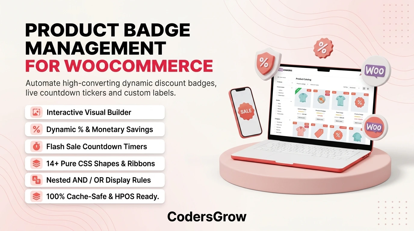 Product Badge Management for WooCommerce preview banner showing live builder, dynamic discounts, and flash countdown tickers