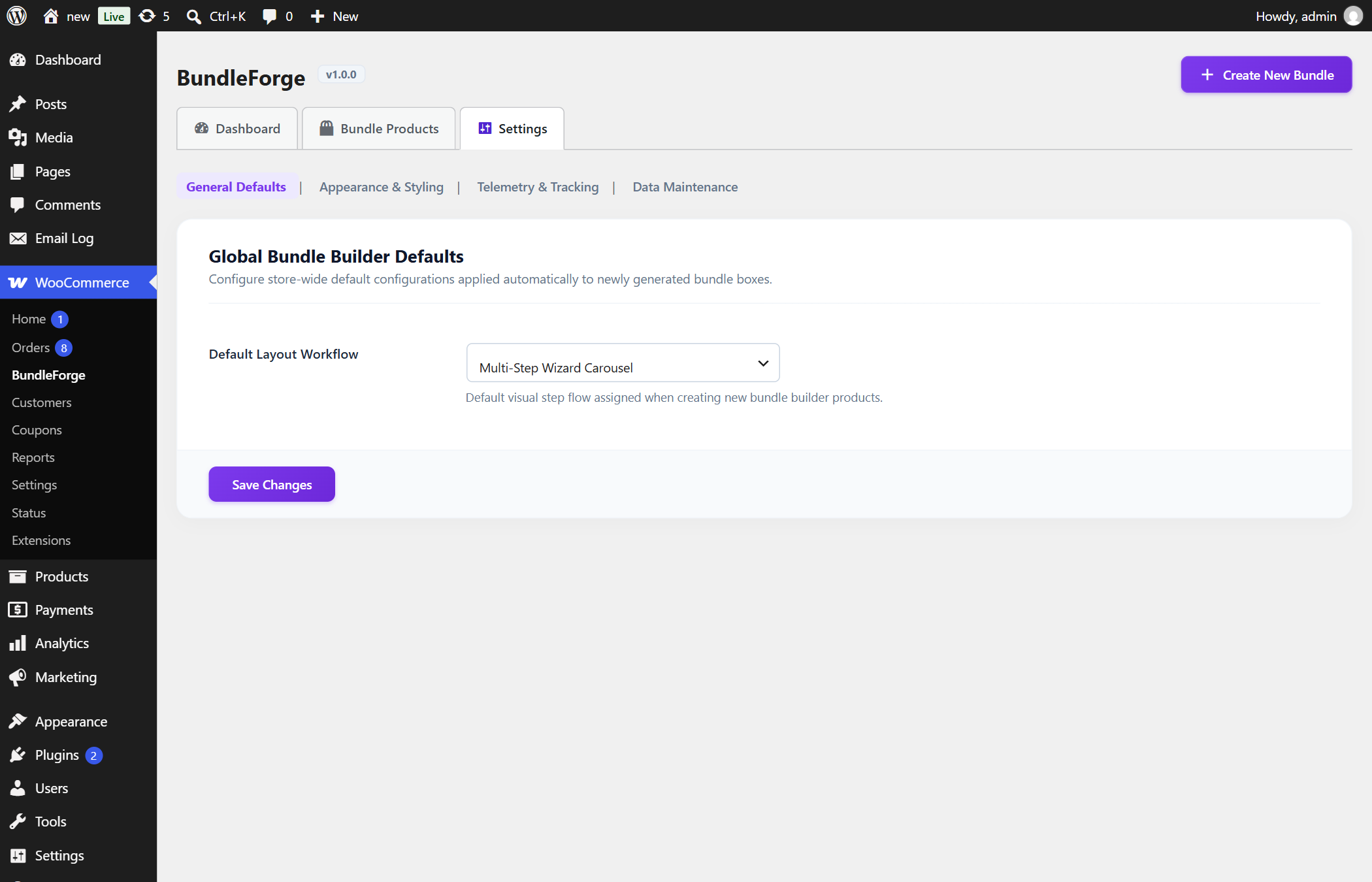 BundleForge Global Settings General Panel showing builder switches and AJAX routing options