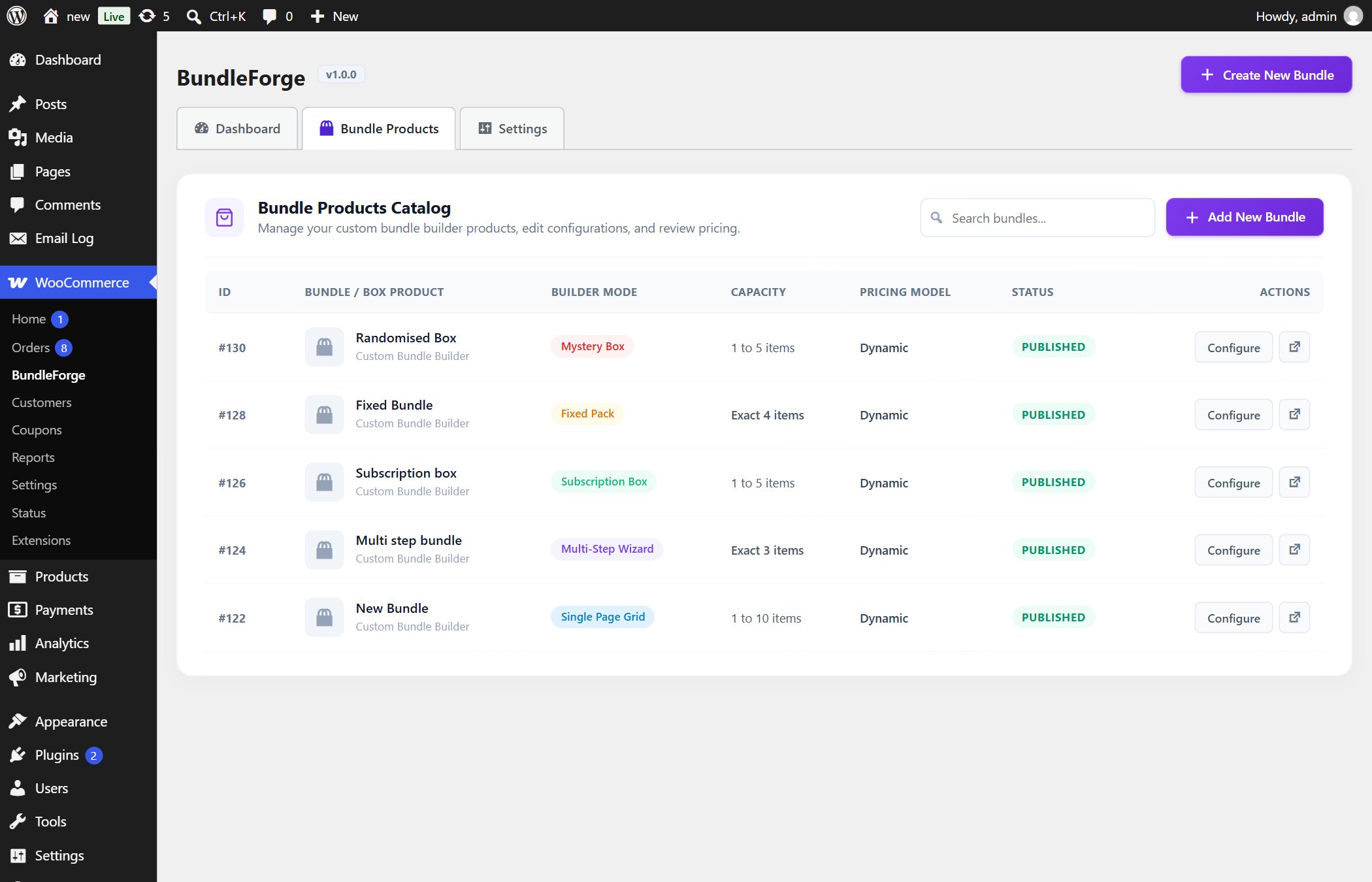 BundleForge Products List showing bundle builder products, modes, pricing models, and shortcodes
