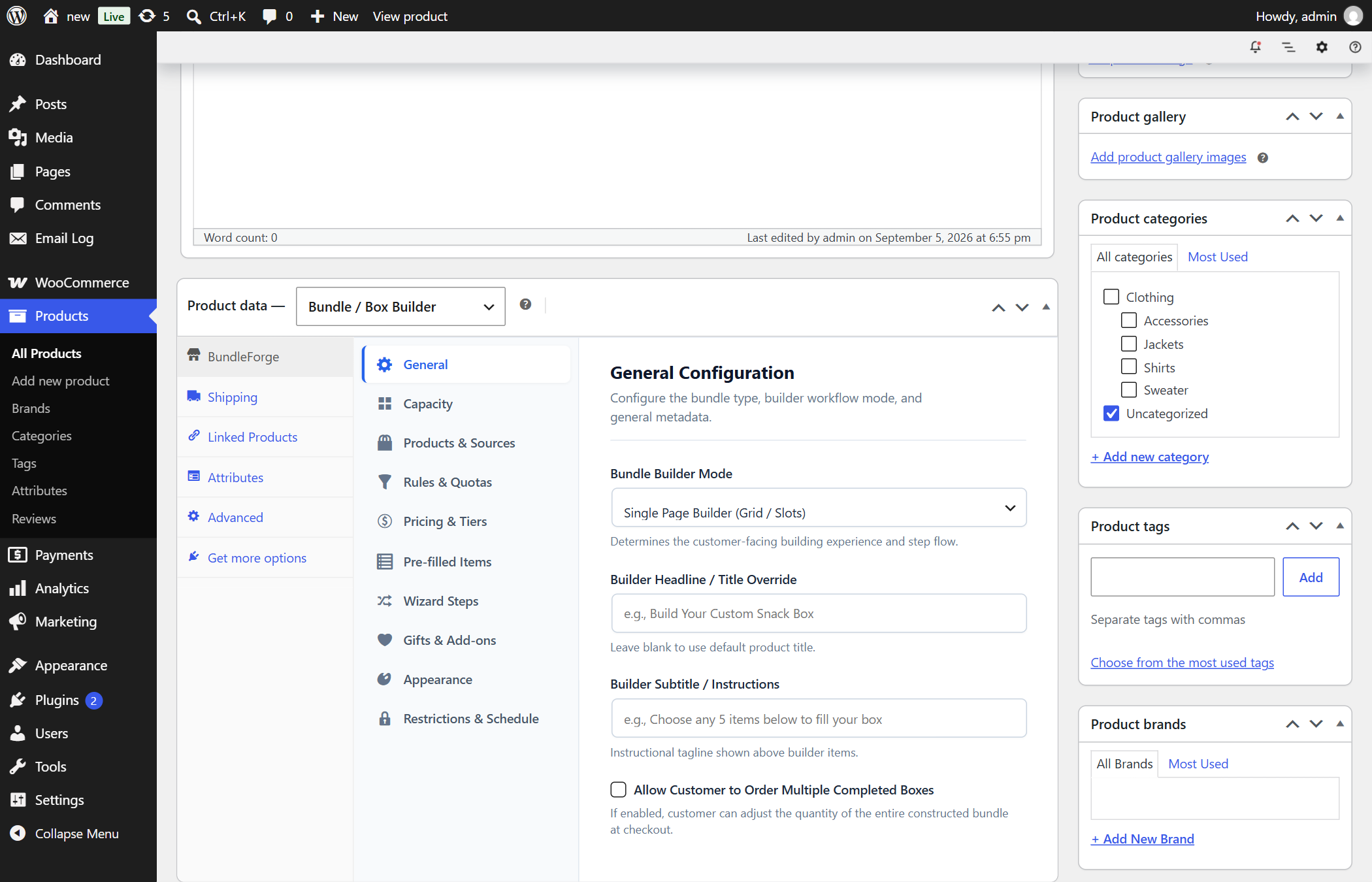 BundleForge Product Data General Panel showing Bundle Builder Mode dropdown and layout settings