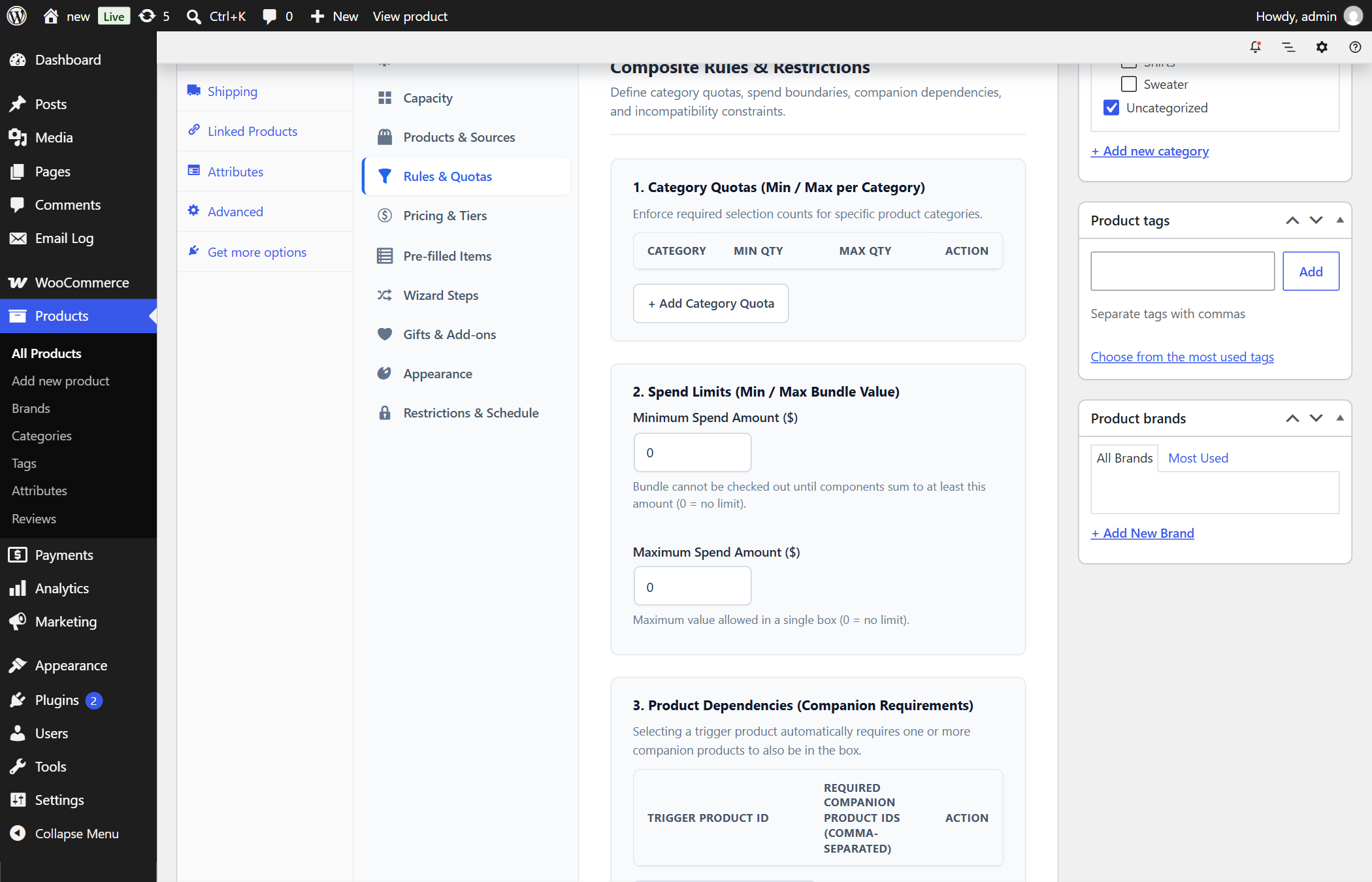 BundleForge Rules and Limits Configuration Panel showing category quotas, spend boundaries, and dependencies