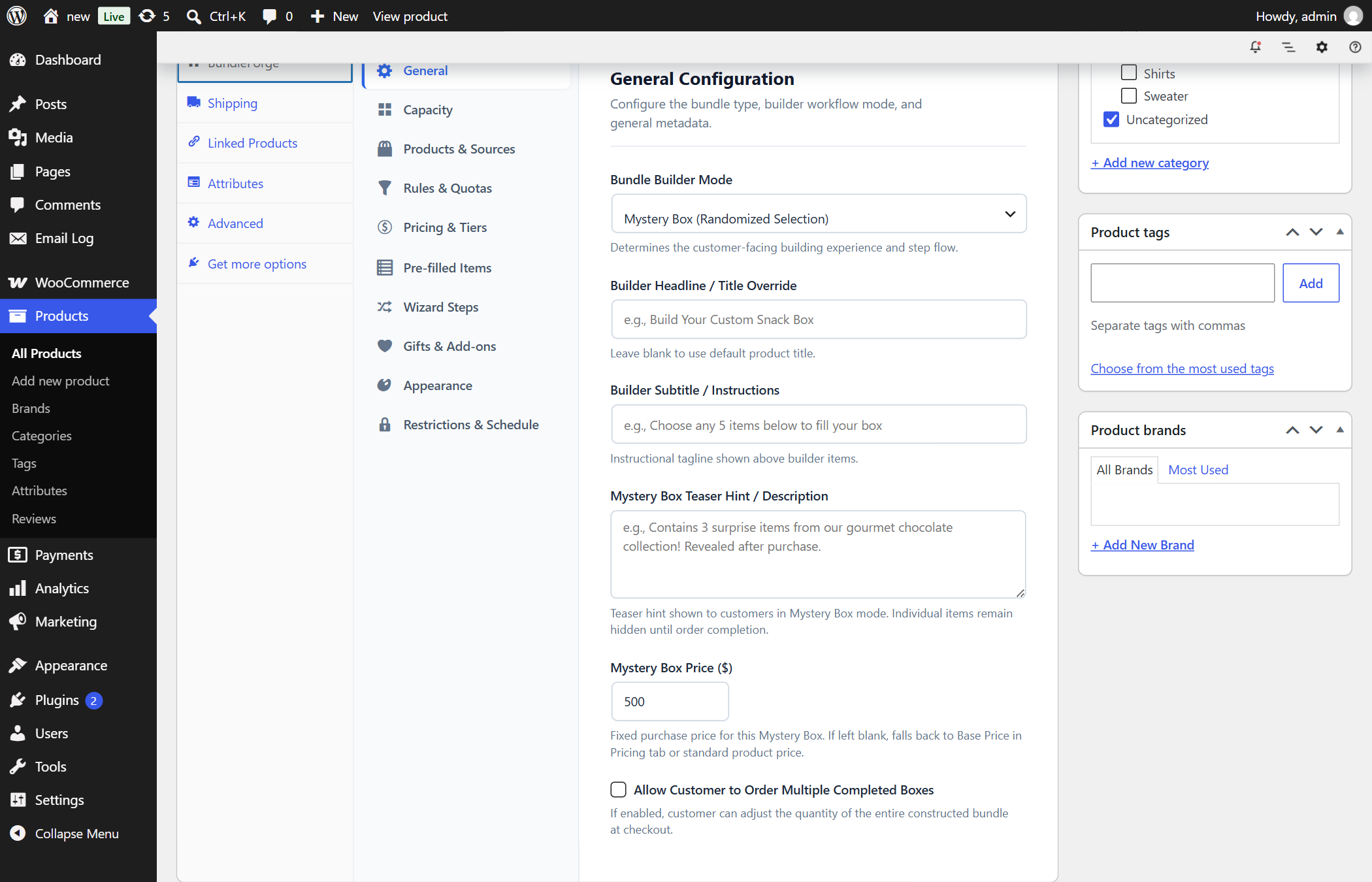 Mystery Box Admin Configuration showing flat mystery pricing and teaser hint fields
