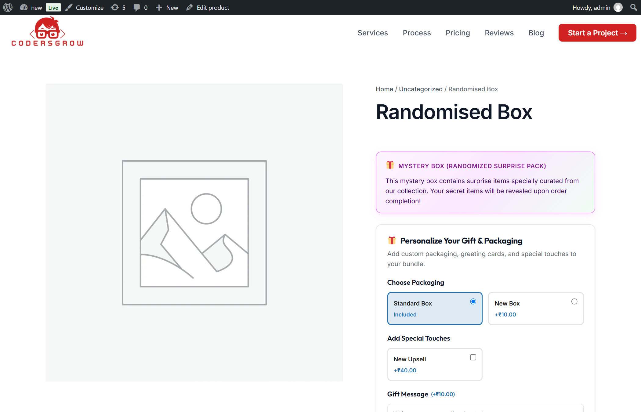 Mystery Box on Frontend showing teaser banner, mystery surprise price, and Buy Mystery Box button