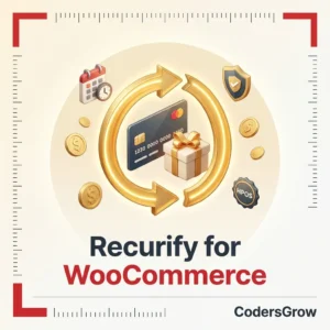 WooCommerce recurring billing plugin logo showing 3D recurring sync arrows with credit card and subscription gift box by CodersGrow