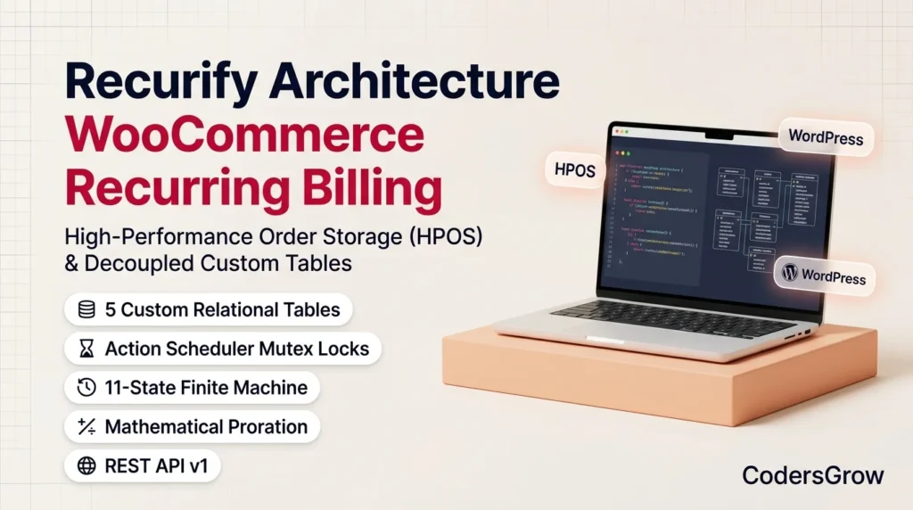 WooCommerce recurring billing architecture showing HPOS custom tables and Action Scheduler mutex locking