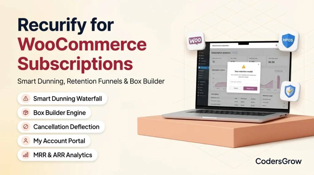 WooCommerce subscriptions plugin features showing smart dunning, box builder, and cancellation deflection