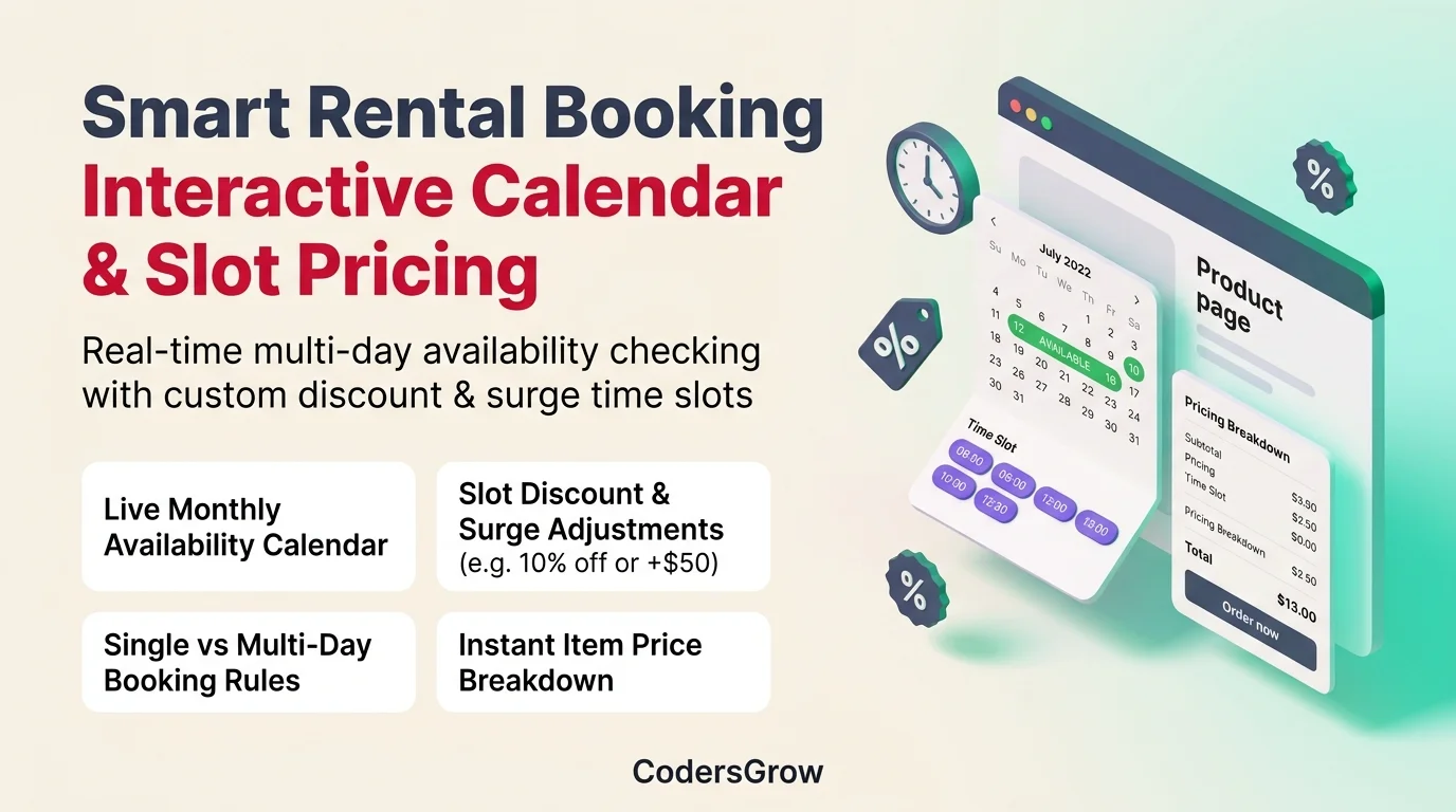 Interactive monthly availability calendar and time slot discount surge pricing builder for woocommerce rental booking