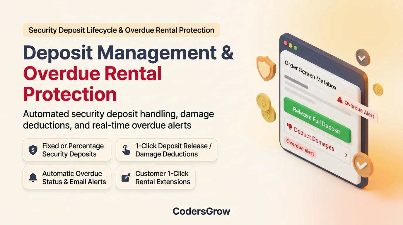 Security deposit release, damage deduction workflow, and automated overdue protection for woocommerce rental booking