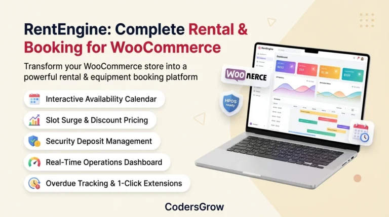 WooCommerce rental booking plugin preview banner showcasing interactive calendar and operations dashboard