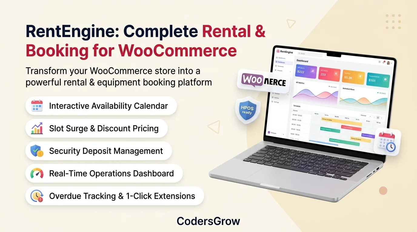 WooCommerce rental booking plugin preview banner showcasing interactive calendar and operations dashboard