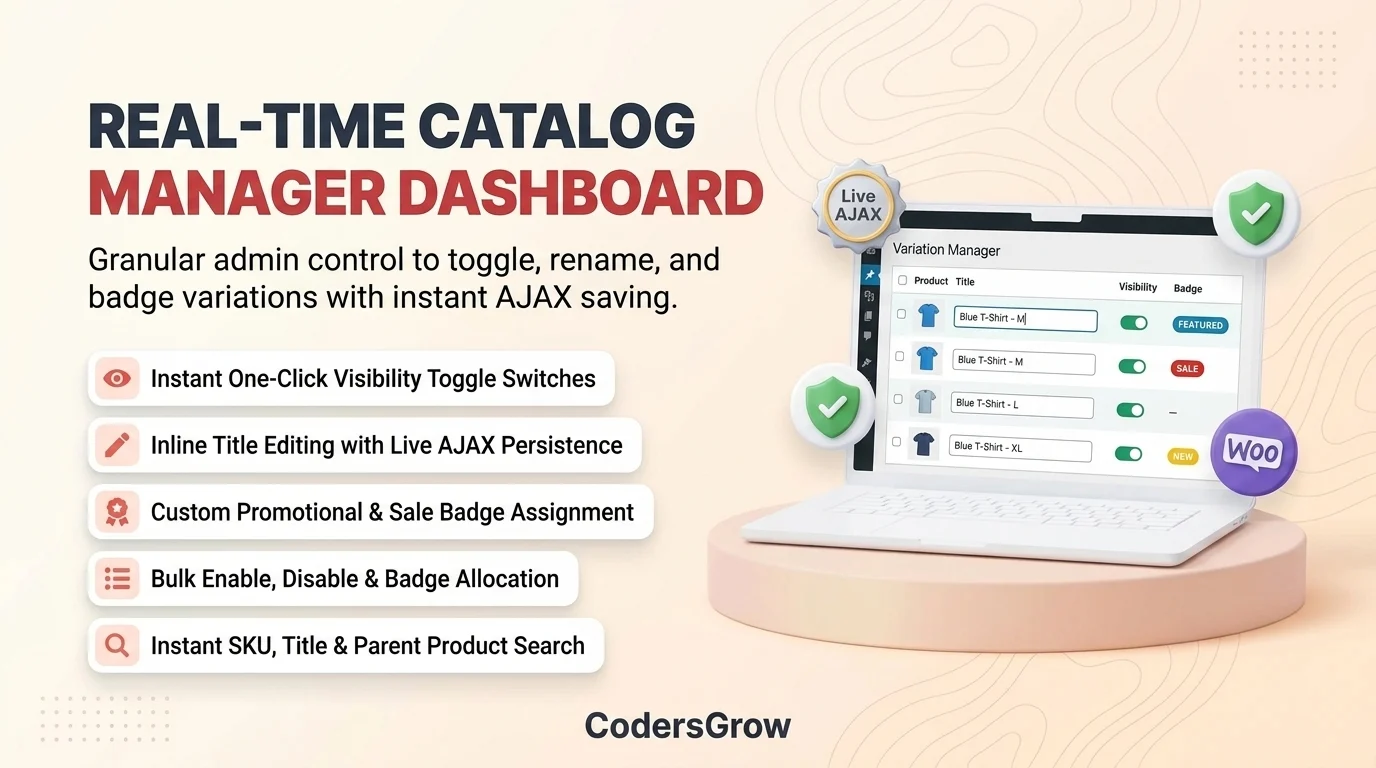Real-time catalog manager dashboard showing instant visibility toggles, inline title editing, and badge selectors
