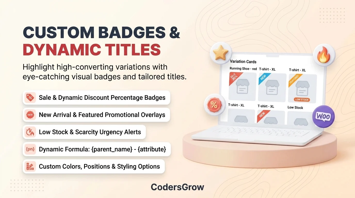 Visual badges including sale, new arrival, and custom overlays positioned over product variation thumbnails