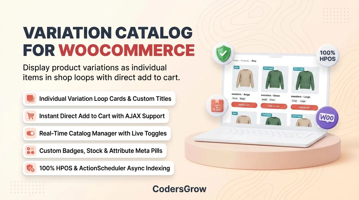 WooCommerce show variations as single products hero guide banner with direct add to cart and catalog manager